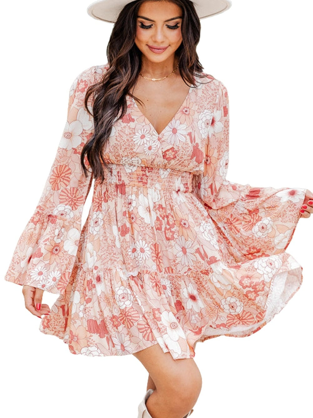 Pink Floral V-Neck Bell Sleeve Mini Dress with Cinched Waist