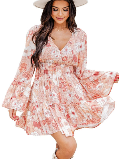 Pink Floral V-Neck Bell Sleeve Mini Dress with Cinched Waist