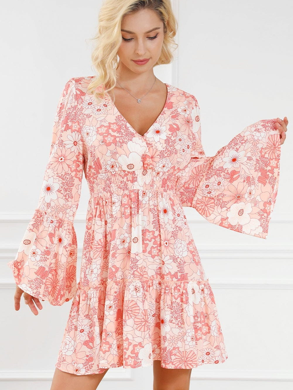 Pink Floral V-Neck Bell Sleeve Mini Dress with Cinched Waist