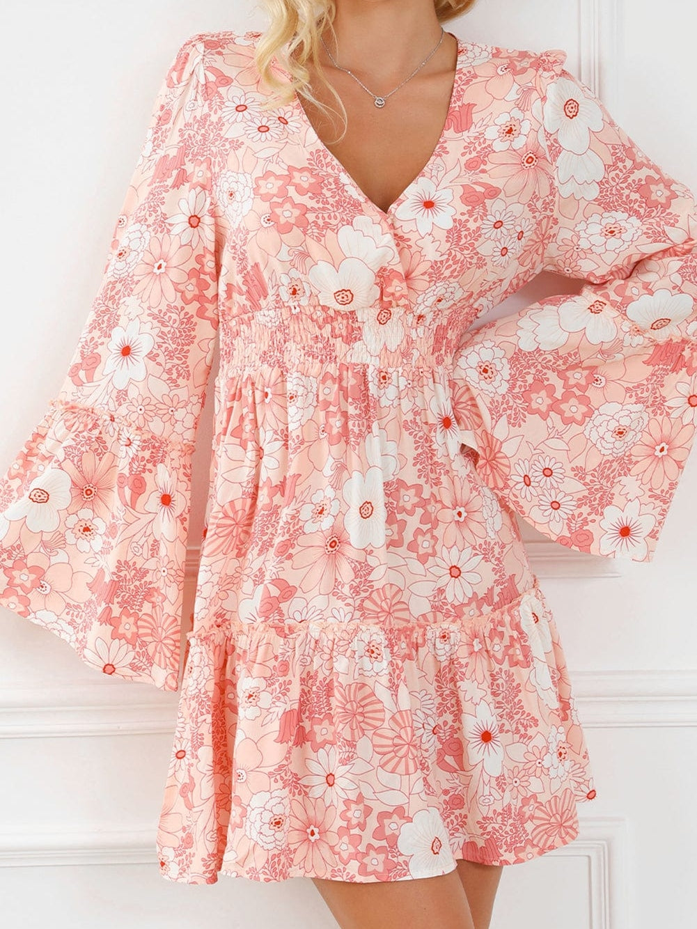 Pink Floral V-Neck Bell Sleeve Mini Dress with Cinched Waist