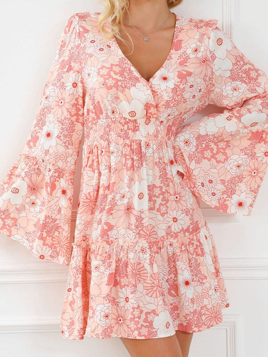 Pink Floral V-Neck Bell Sleeve Mini Dress with Cinched Waist