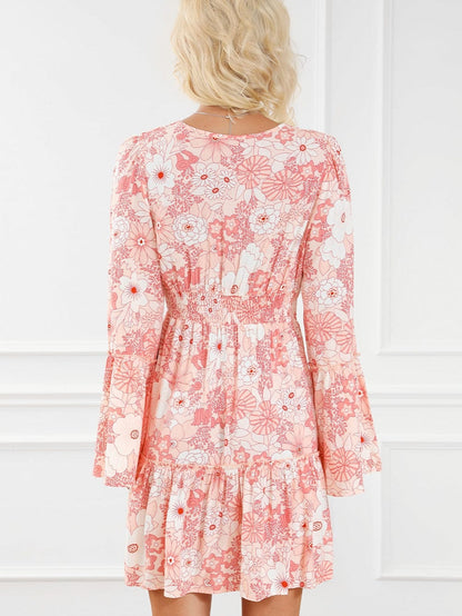 Pink Floral V-Neck Bell Sleeve Mini Dress with Cinched Waist