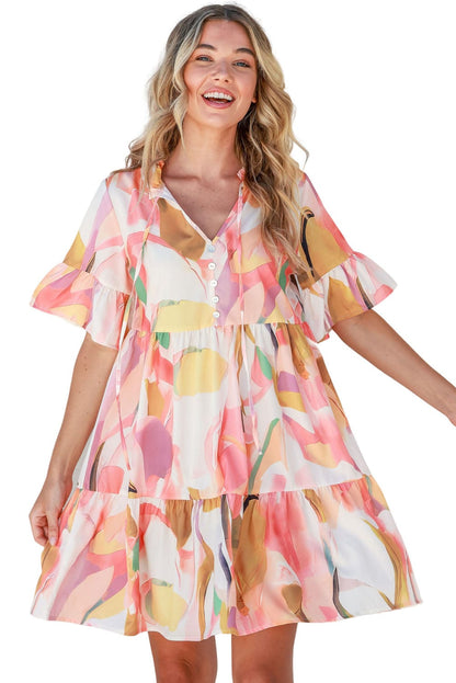 Pink Geometric Print Ruffled Sleeve V-Neck Mini Dress for Summer Events