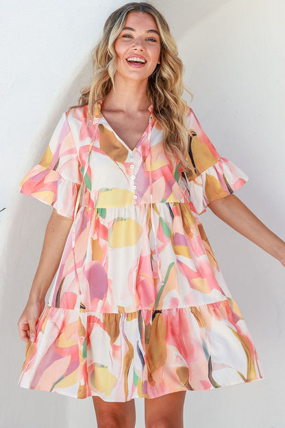 Pink Geometric Print Ruffled Sleeve V-Neck Mini Dress for Summer Events