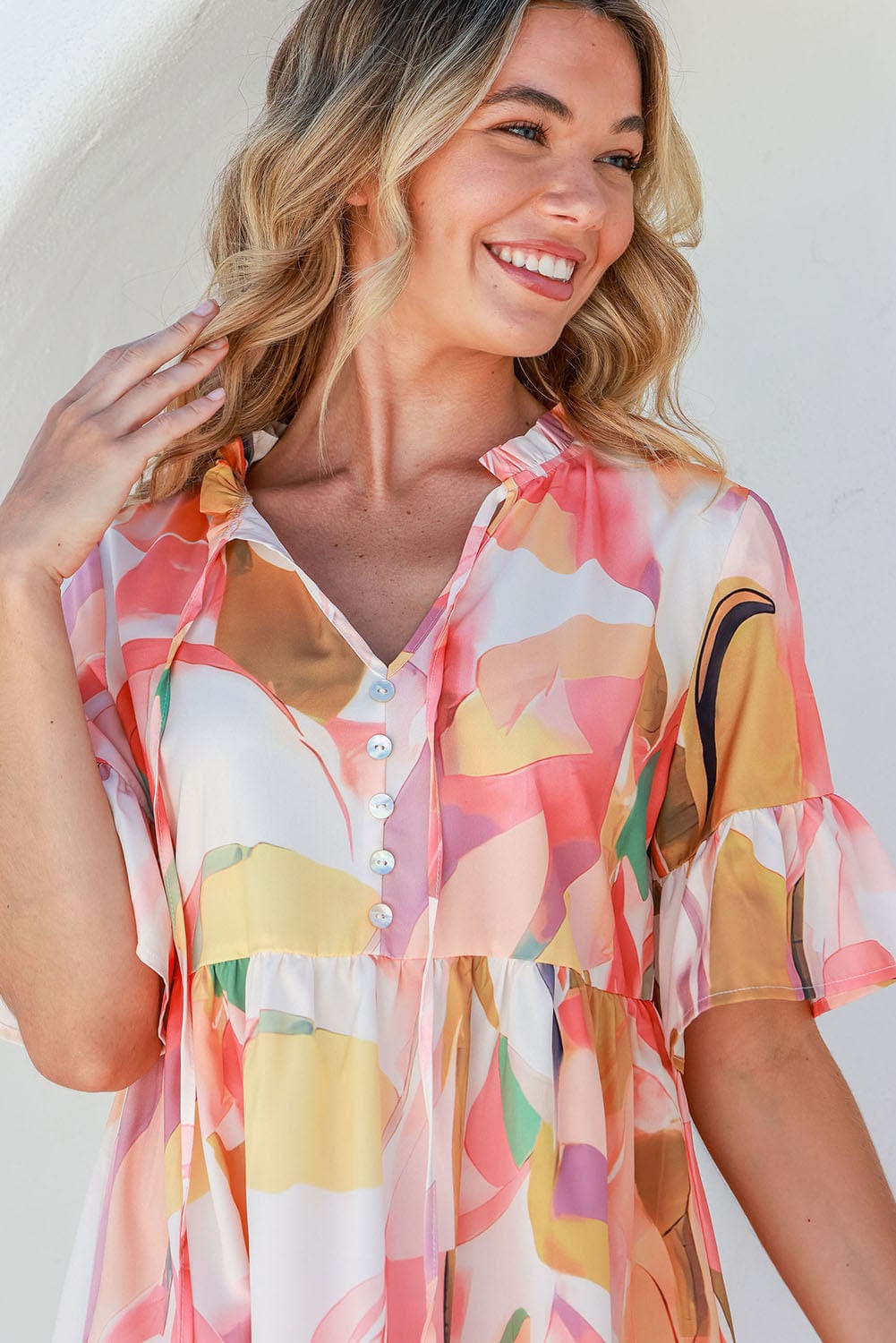 Pink Geometric Print Ruffled Sleeve V-Neck Mini Dress for Summer Events