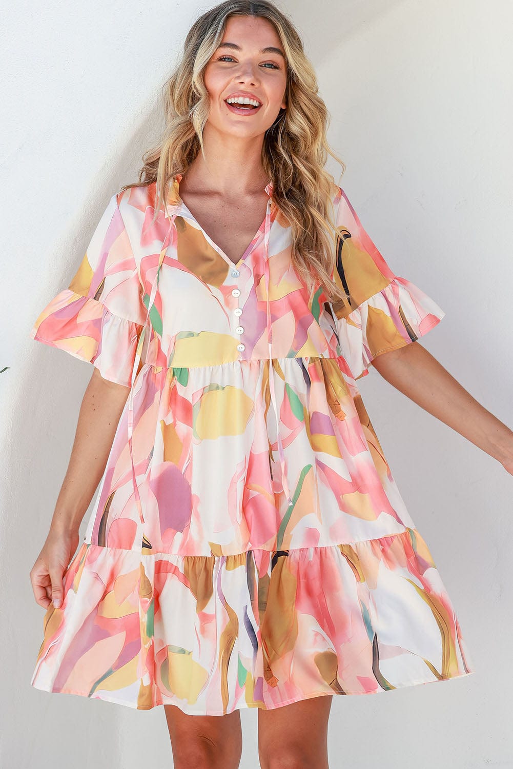 Pink Geometric Print Ruffled Sleeve V-Neck Mini Dress for Summer Events