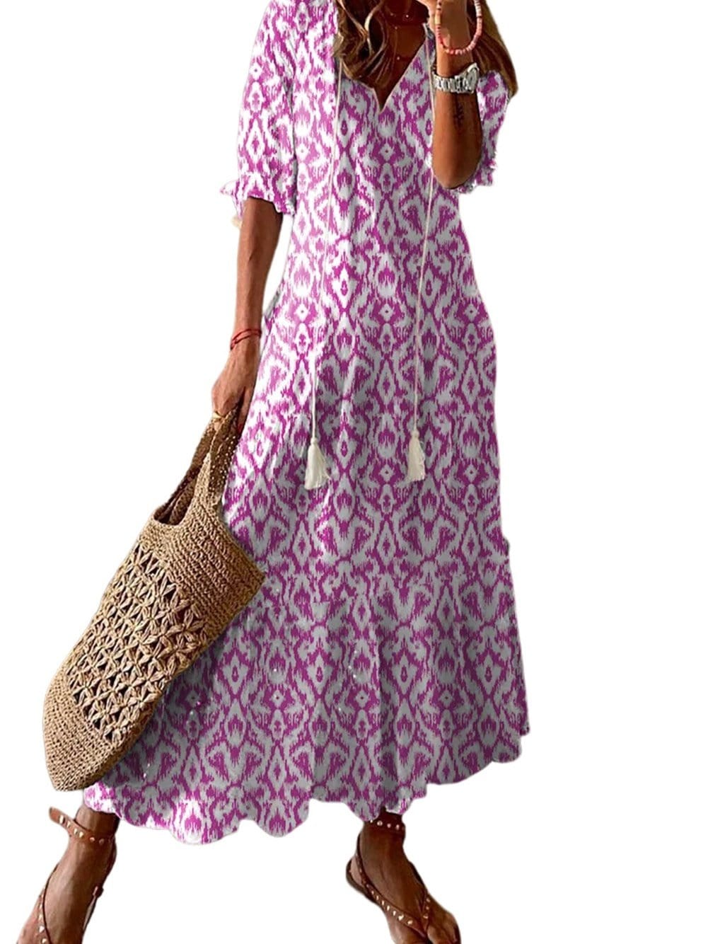 Pink Geometric Print V Neck Maxi Dress for Summer Styles