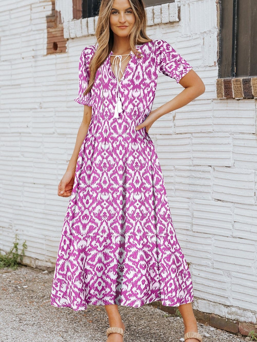 Pink Geometric Print V Neck Maxi Dress for Summer Styles
