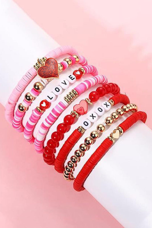 Pink Heart Charm Beaded Bracelet Set for Valentine's Day
