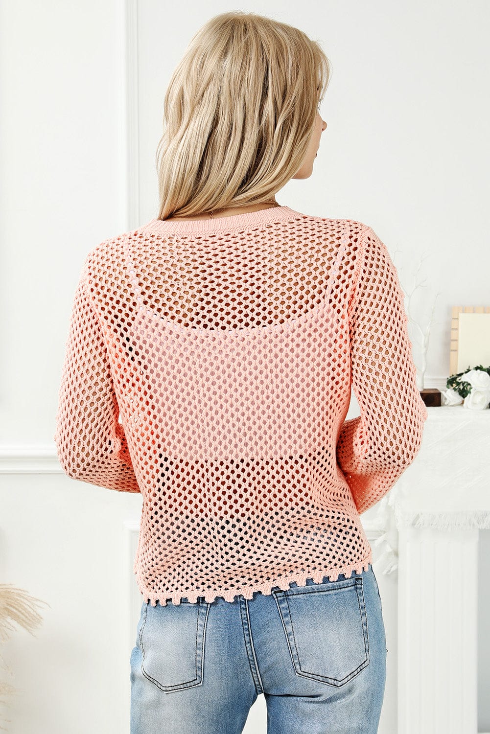 Pink Lace-Up Eyelet Detailed Knit Bell Sleeve Jumper