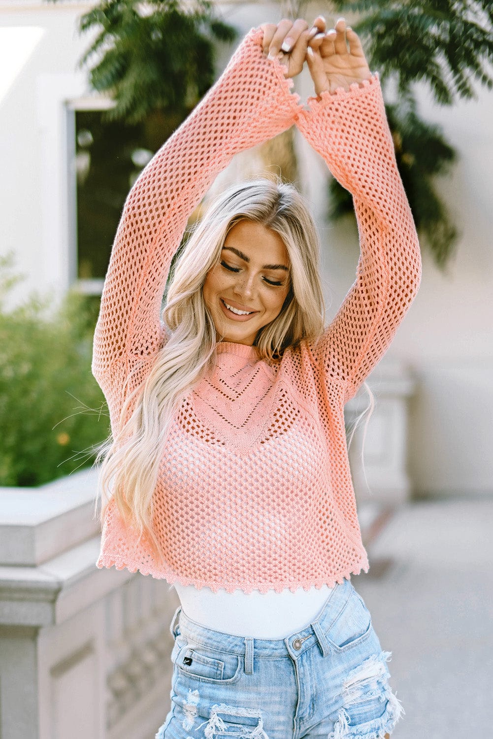 Pink Lace-Up Eyelet Detailed Knit Bell Sleeve Jumper