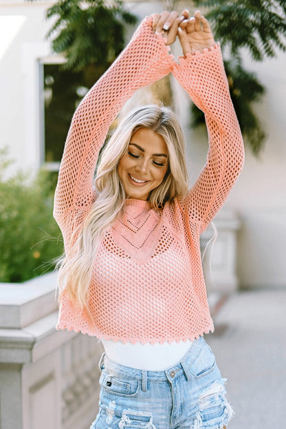 Pink Lace-Up Eyelet Detailed Knit Bell Sleeve Jumper