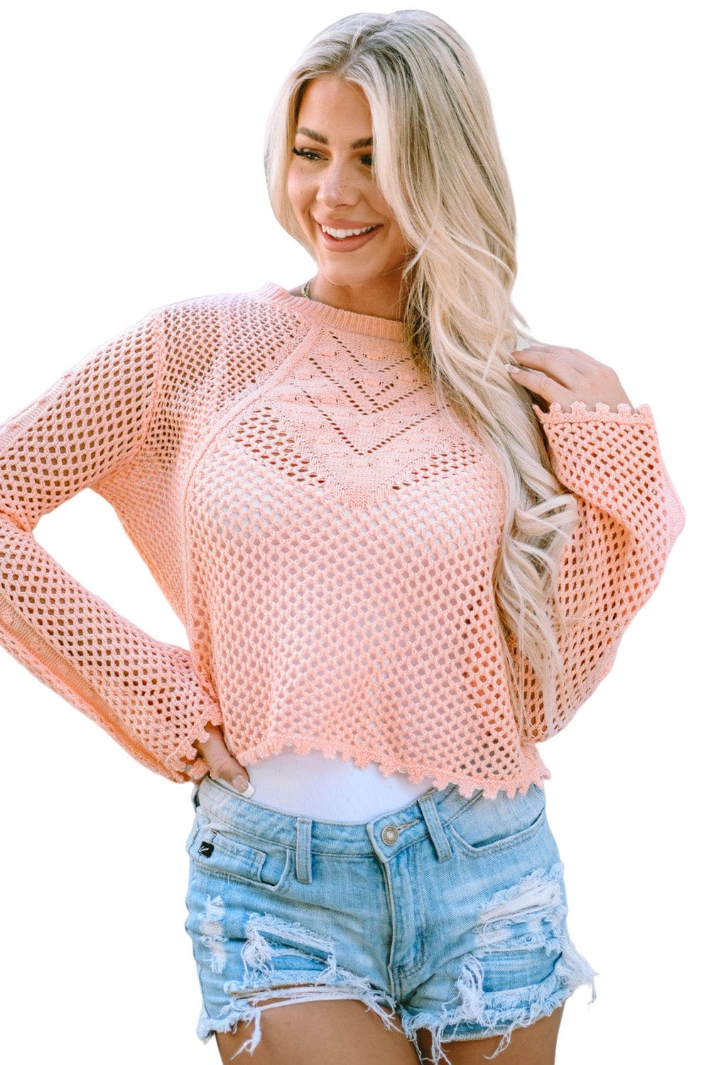 Pink Lace-Up Eyelet Detailed Knit Bell Sleeve Jumper