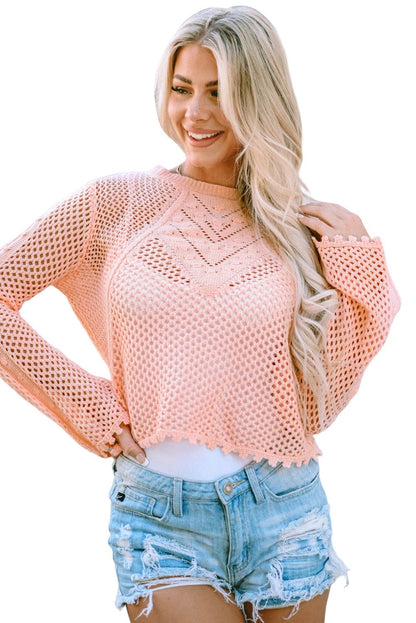 Pink Lace-Up Eyelet Detailed Knit Bell Sleeve Jumper