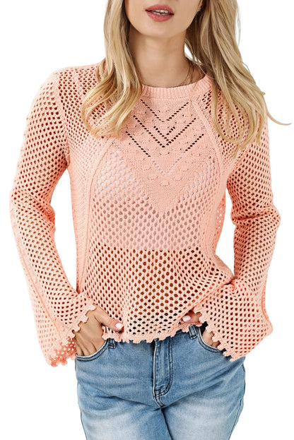 Pink Lace-Up Eyelet Detailed Knit Bell Sleeve Jumper