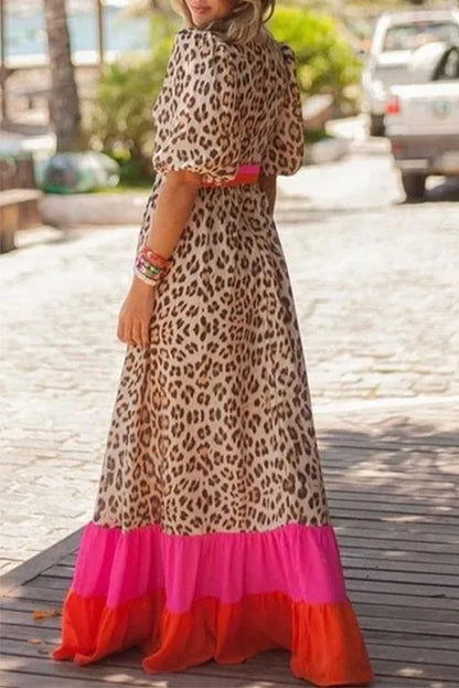 Pink Leopard Colorblock Patchwork Bubble Sleeve Maxi Dress with a Vibrant Twist