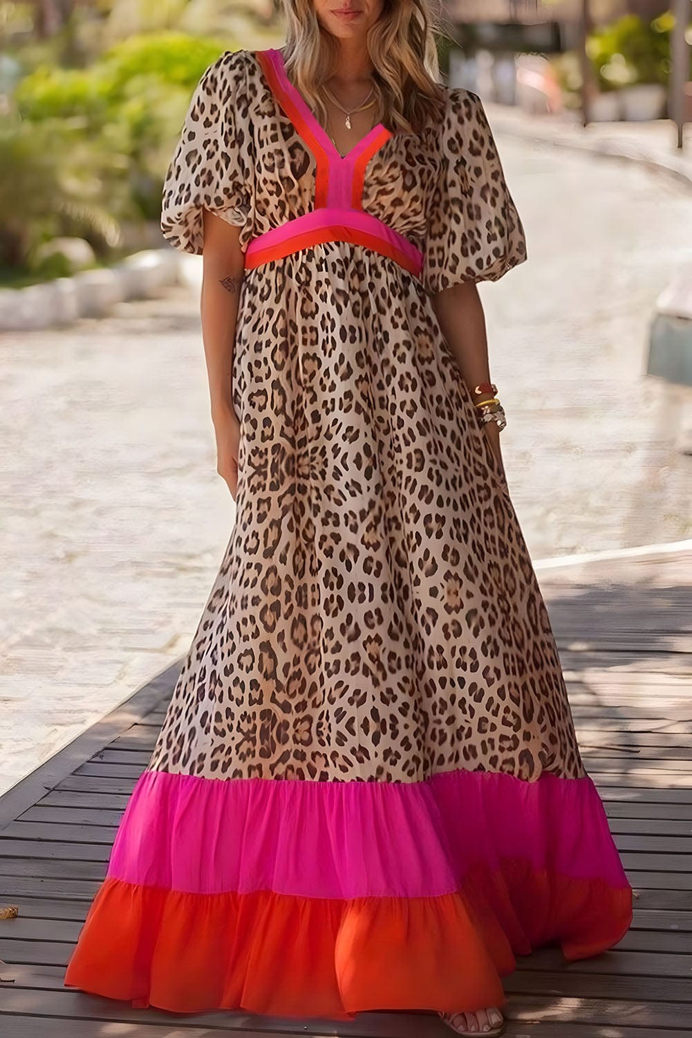 Pink Leopard Colorblock Patchwork Bubble Sleeve Maxi Dress with a Vibrant Twist