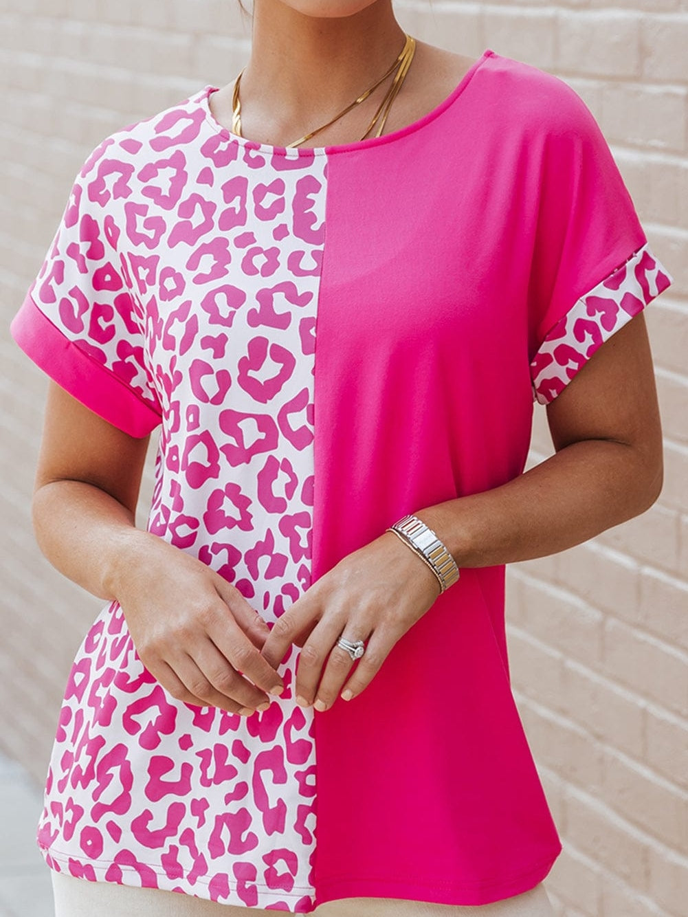 Pink Leopard Patchwork Shift Top with Short Sleeves
