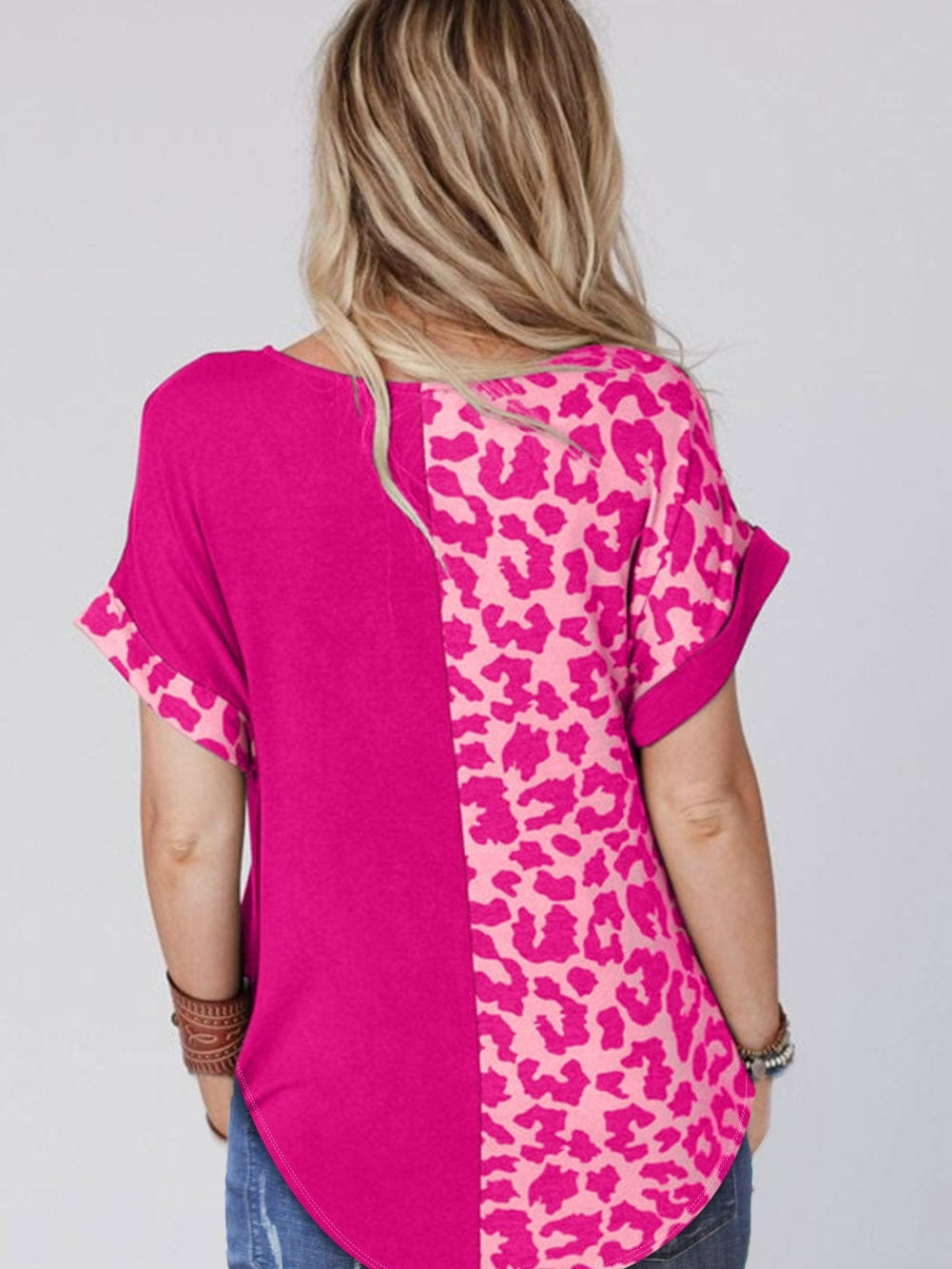 Pink Leopard Patchwork Shift Top with Short Sleeves