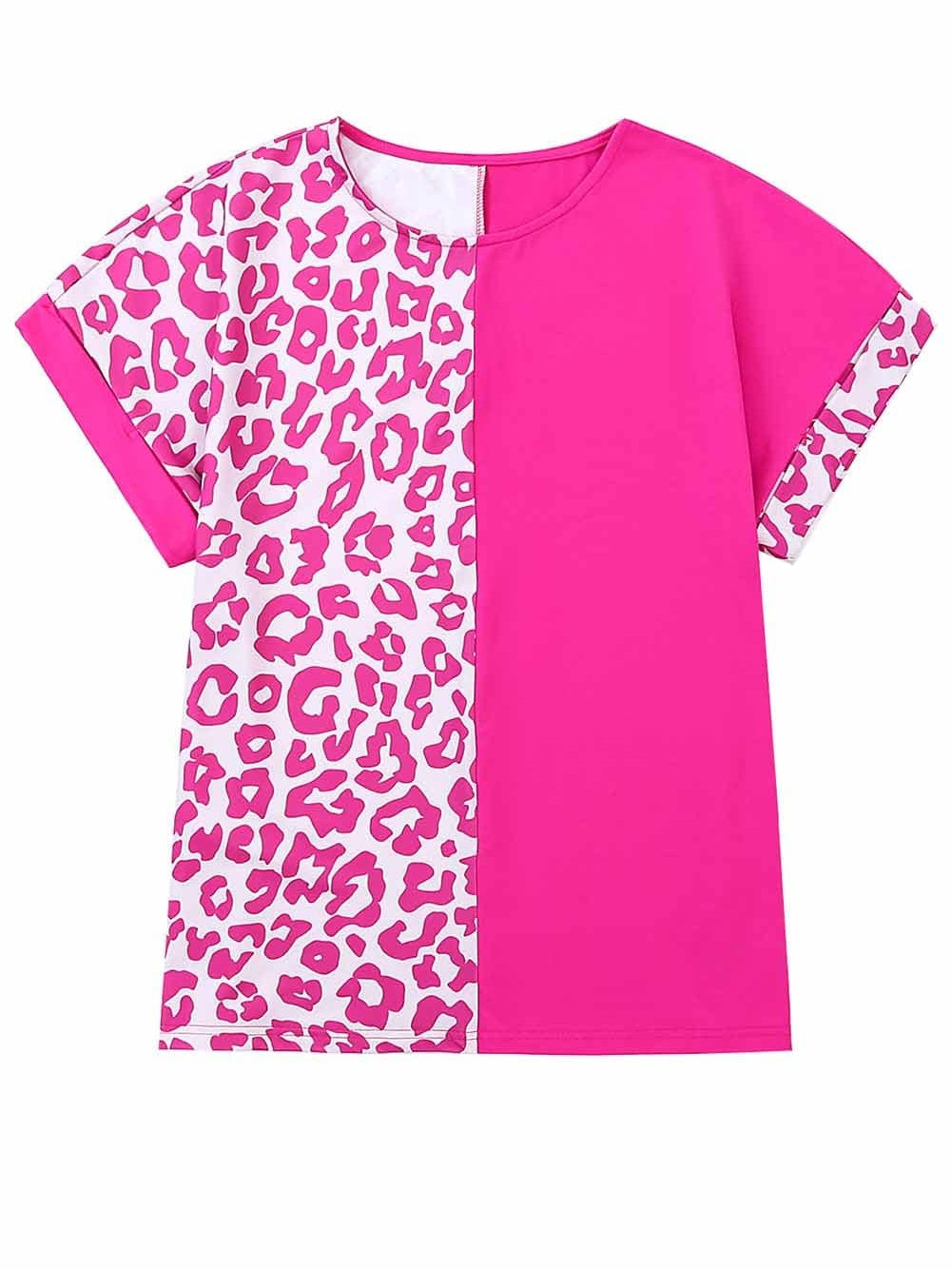 Pink Leopard Patchwork Shift Top with Short Sleeves
