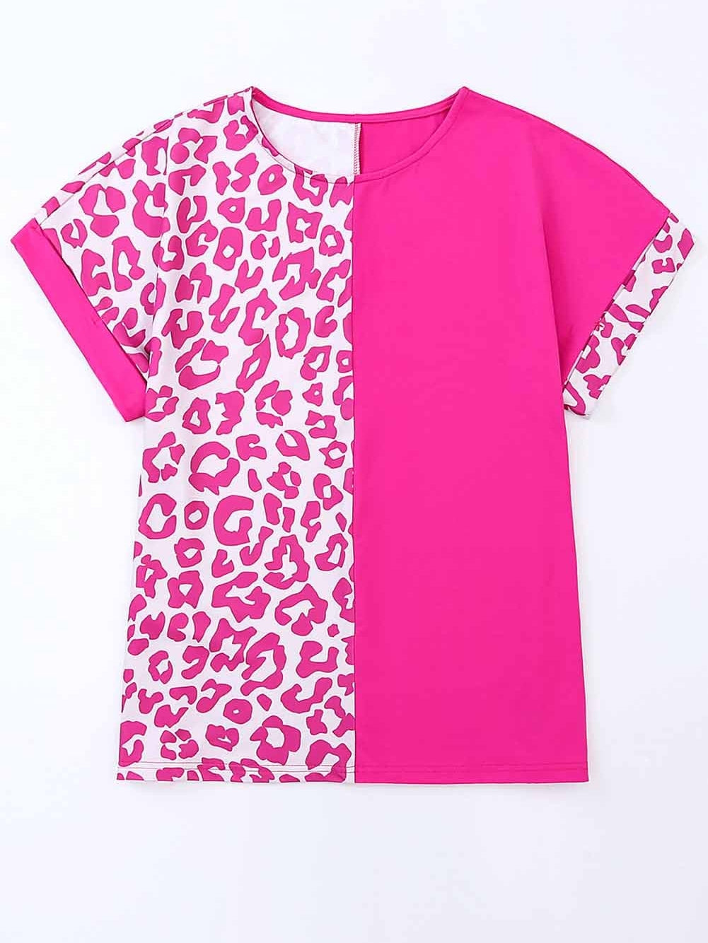 Pink Leopard Patchwork Shift Top with Short Sleeves
