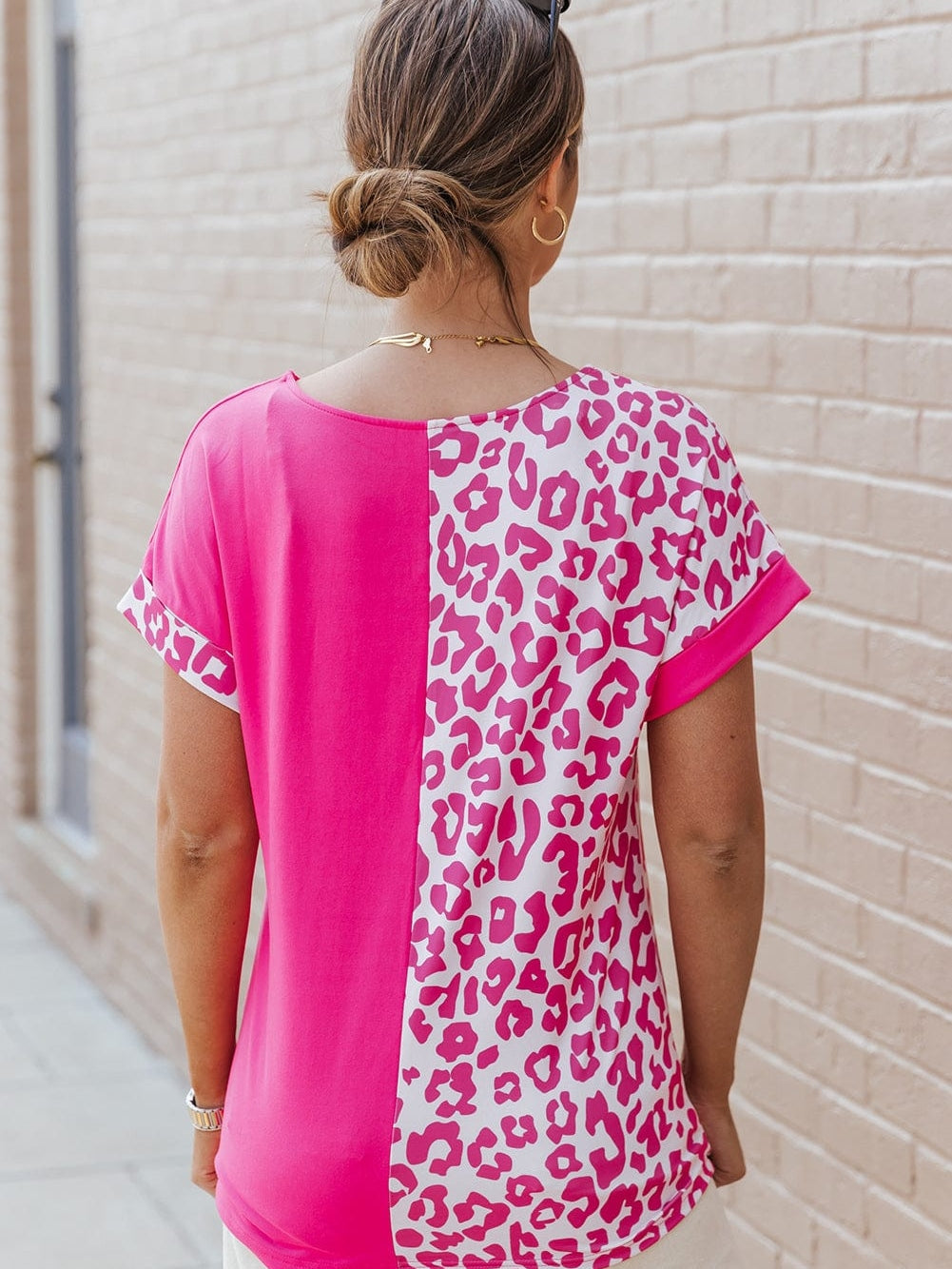 Pink Leopard Patchwork Shift Top with Short Sleeves