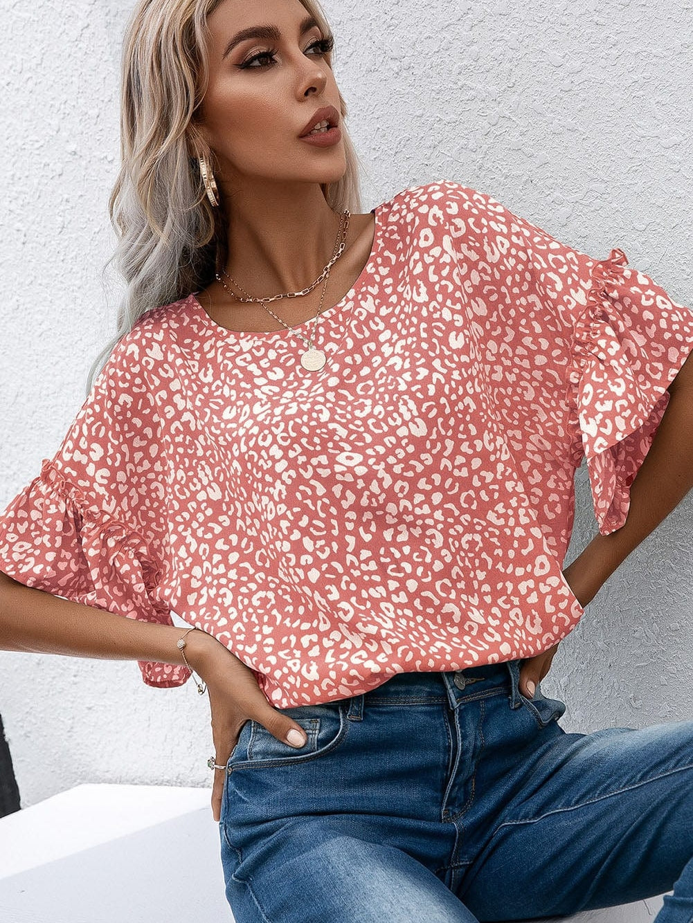 Pink Leopard Print Frill Sleeve Tee