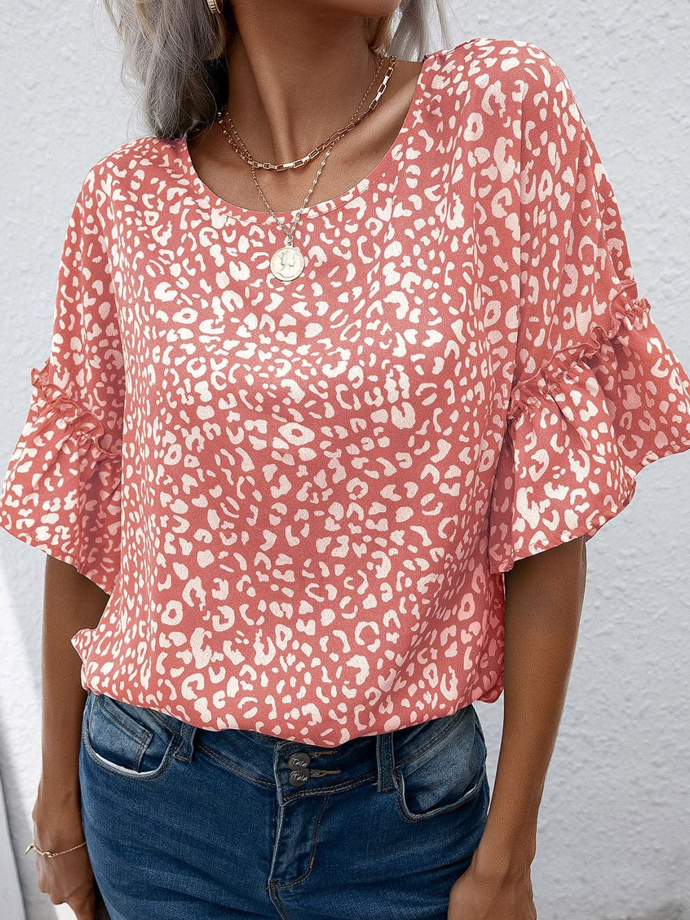 Pink Leopard Print Frill Sleeve Tee