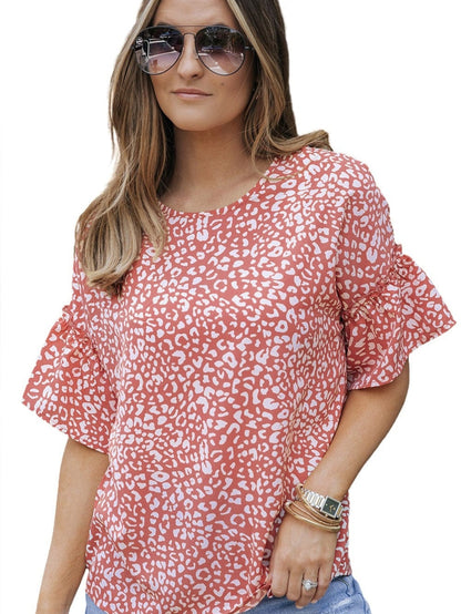 Pink Leopard Print Frill Sleeve Tee