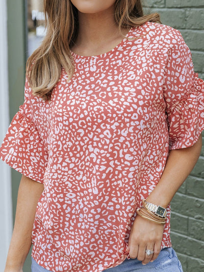 Pink Leopard Print Frill Sleeve Tee