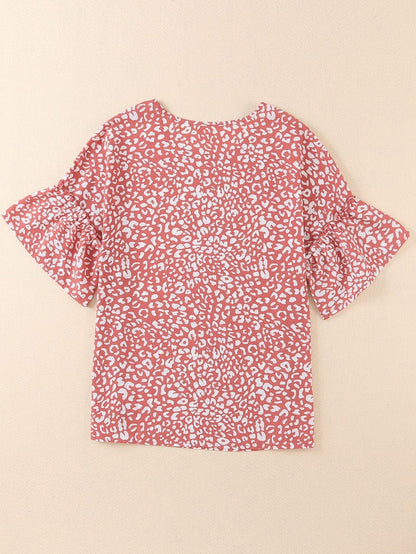 Pink Leopard Print Frill Sleeve Tee