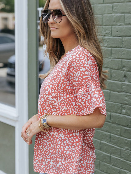Pink Leopard Print Frill Sleeve Tee