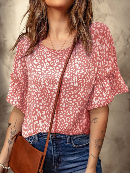 Pink Leopard Print Frill Sleeve Tee