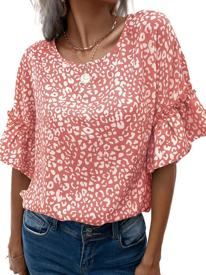Pink Leopard Print Frill Sleeve Tee