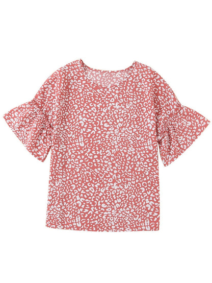 Pink Leopard Print Frill Sleeve Tee