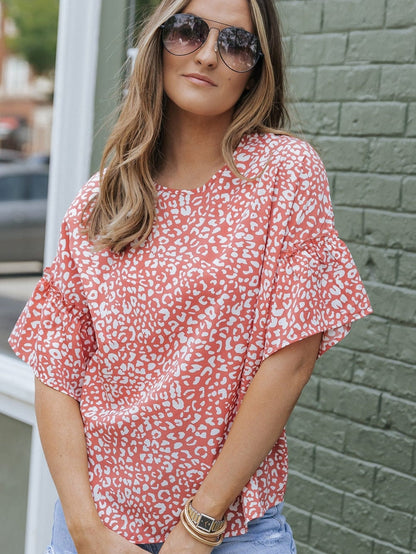 Pink Leopard Print Frill Sleeve Tee