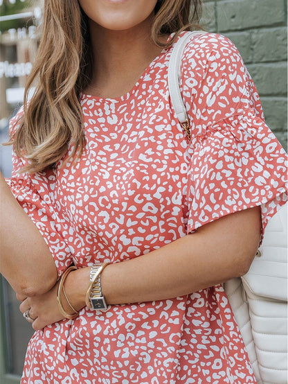 Pink Leopard Print Frill Sleeve Tee