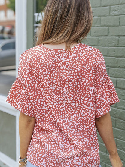 Pink Leopard Print Frill Sleeve Tee