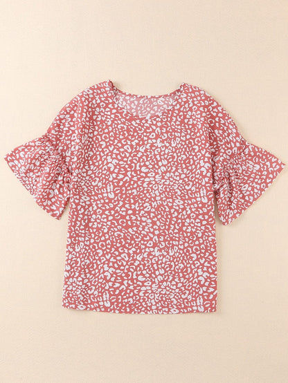 Pink Leopard Print Frill Sleeve Tee