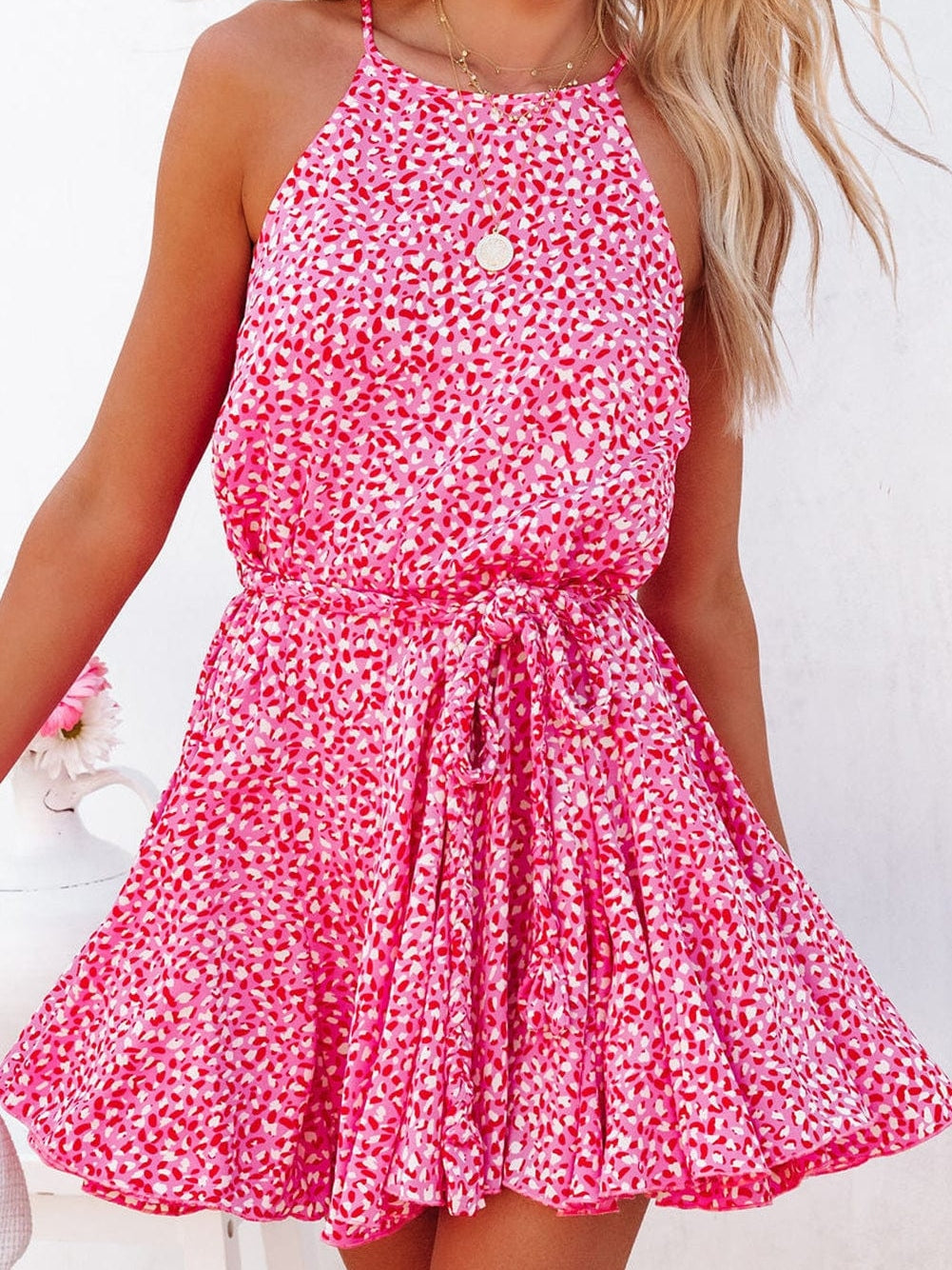 Pink Leopard Print Sleeveless Mini Dress with Waist Tie - Elegant Summer Shift Dress with High Waist and Spaghetti Straps