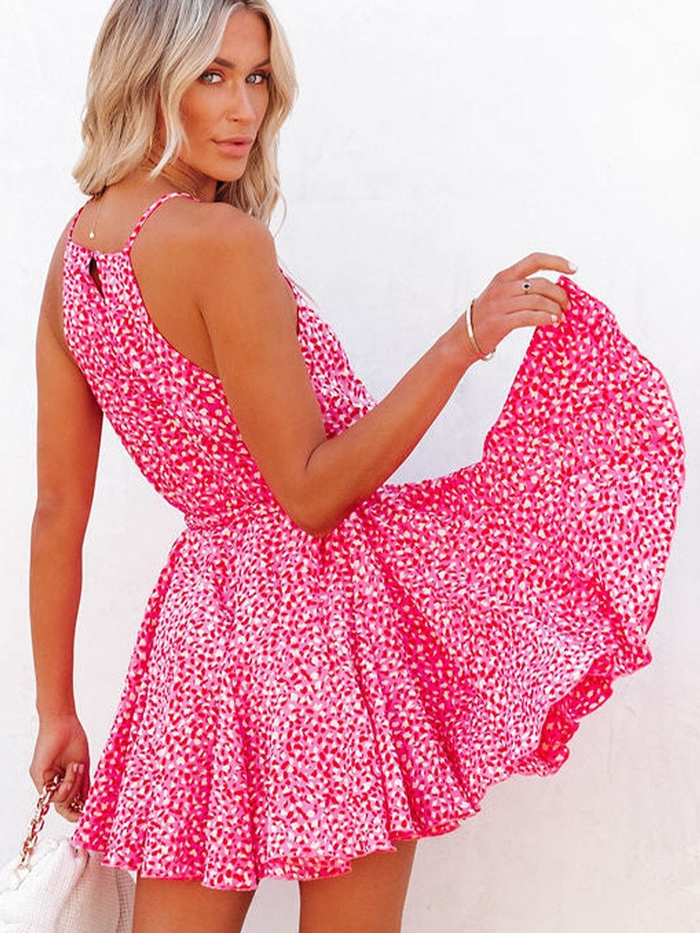 Pink Leopard Print Sleeveless Mini Dress with Waist Tie - Elegant Summer Shift Dress with High Waist and Spaghetti Straps