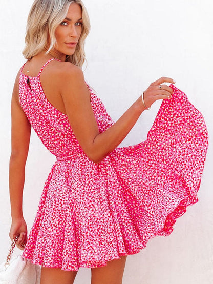 Pink Leopard Print Sleeveless Mini Dress with Waist Tie - Elegant Summer Shift Dress with High Waist and Spaghetti Straps