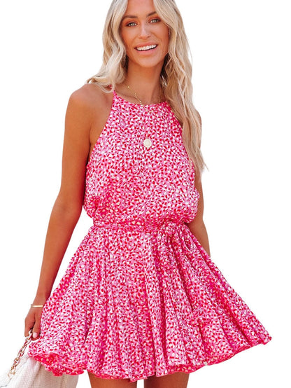 Pink Leopard Print Sleeveless Mini Dress with Waist Tie - Elegant Summer Shift Dress with High Waist and Spaghetti Straps