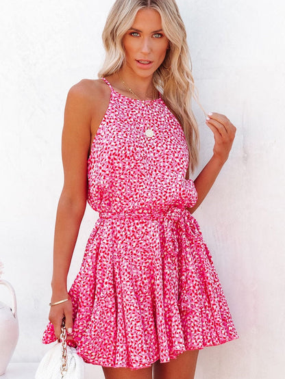 Pink Leopard Print Sleeveless Mini Dress with Waist Tie - Elegant Summer Shift Dress with High Waist and Spaghetti Straps