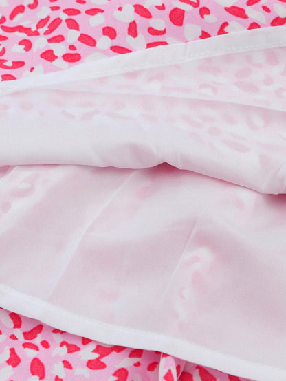 Pink Leopard Print Sleeveless Mini Dress with Waist Tie - Elegant Summer Shift Dress with High Waist and Spaghetti Straps