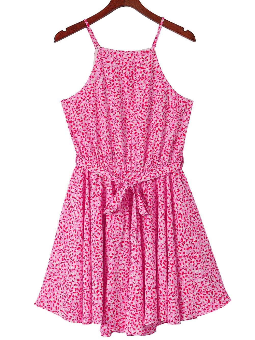 Pink Leopard Print Sleeveless Mini Dress with Waist Tie - Elegant Summer Shift Dress with High Waist and Spaghetti Straps