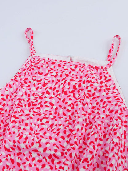 Pink Leopard Print Sleeveless Mini Dress with Waist Tie - Elegant Summer Shift Dress with High Waist and Spaghetti Straps