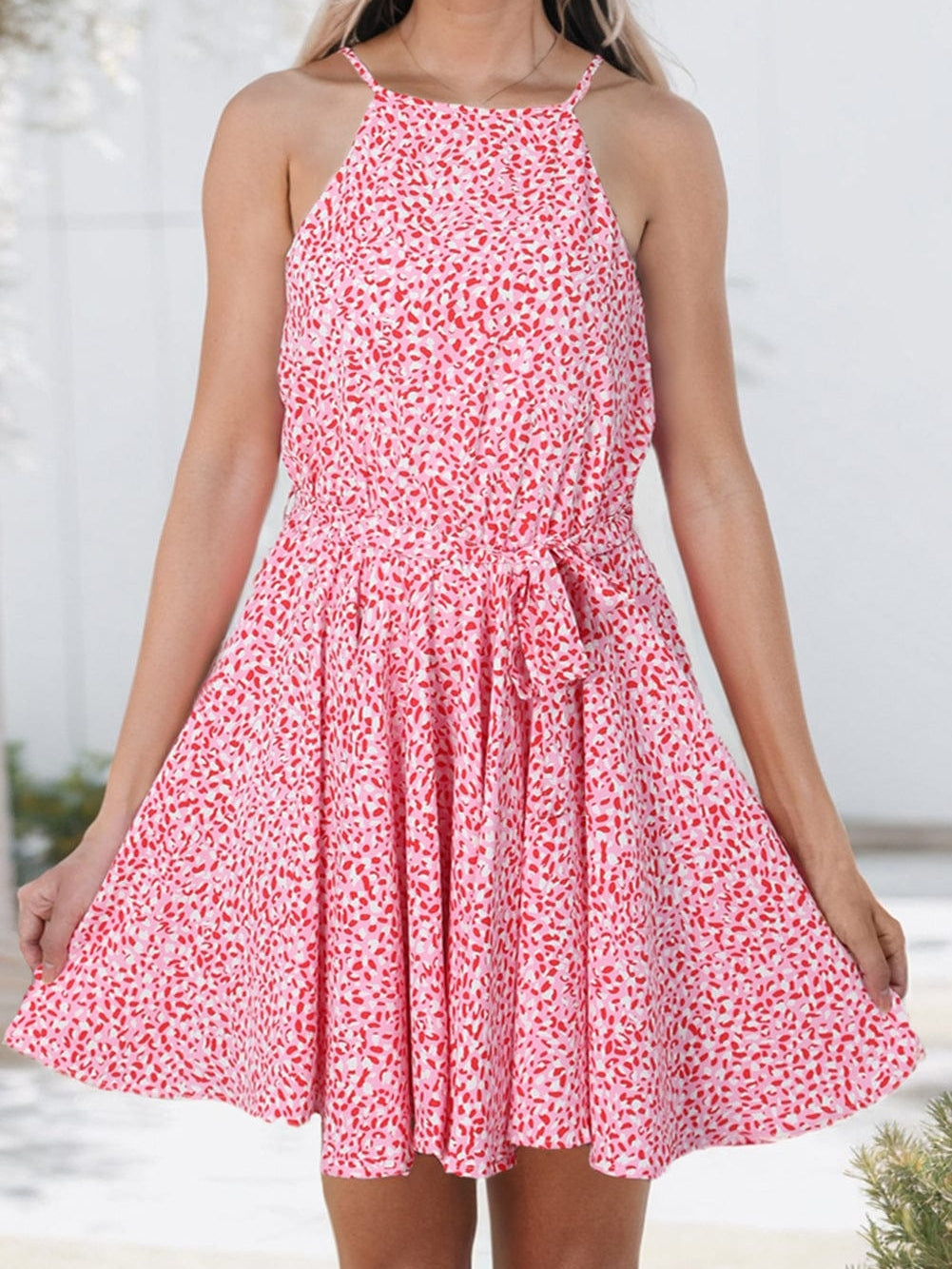 Pink Leopard Print Sleeveless Mini Dress with Waist Tie - Elegant Summer Shift Dress with High Waist and Spaghetti Straps