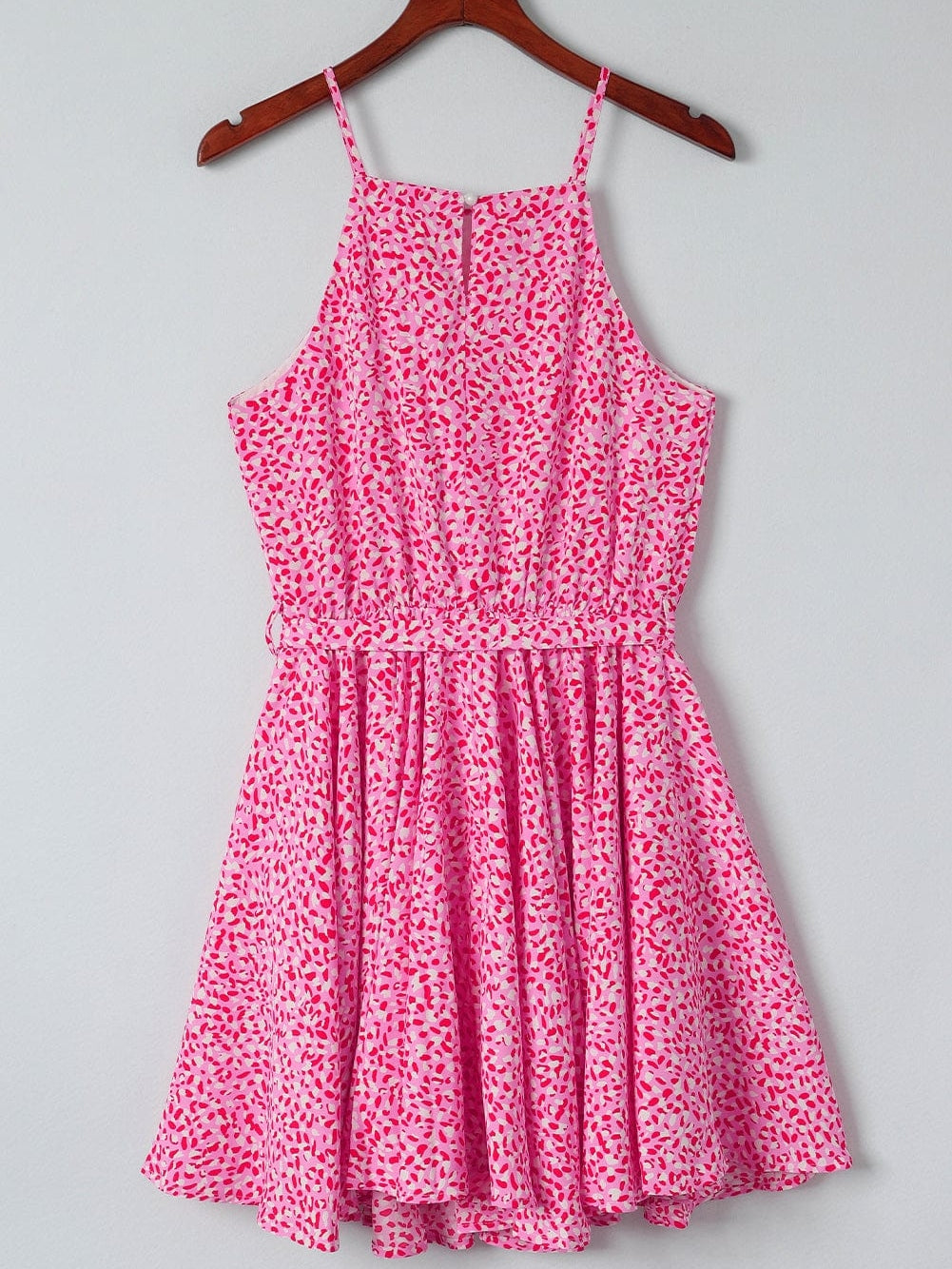Pink Leopard Print Sleeveless Mini Dress with Waist Tie - Elegant Summer Shift Dress with High Waist and Spaghetti Straps