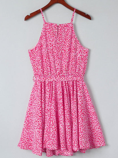 Pink Leopard Print Sleeveless Mini Dress with Waist Tie - Elegant Summer Shift Dress with High Waist and Spaghetti Straps